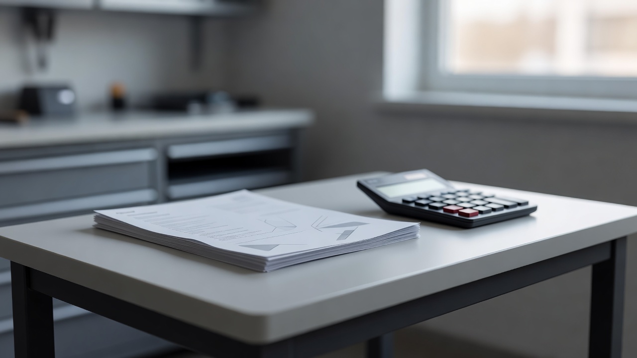A auto shop office desk with paperwork and a calculator