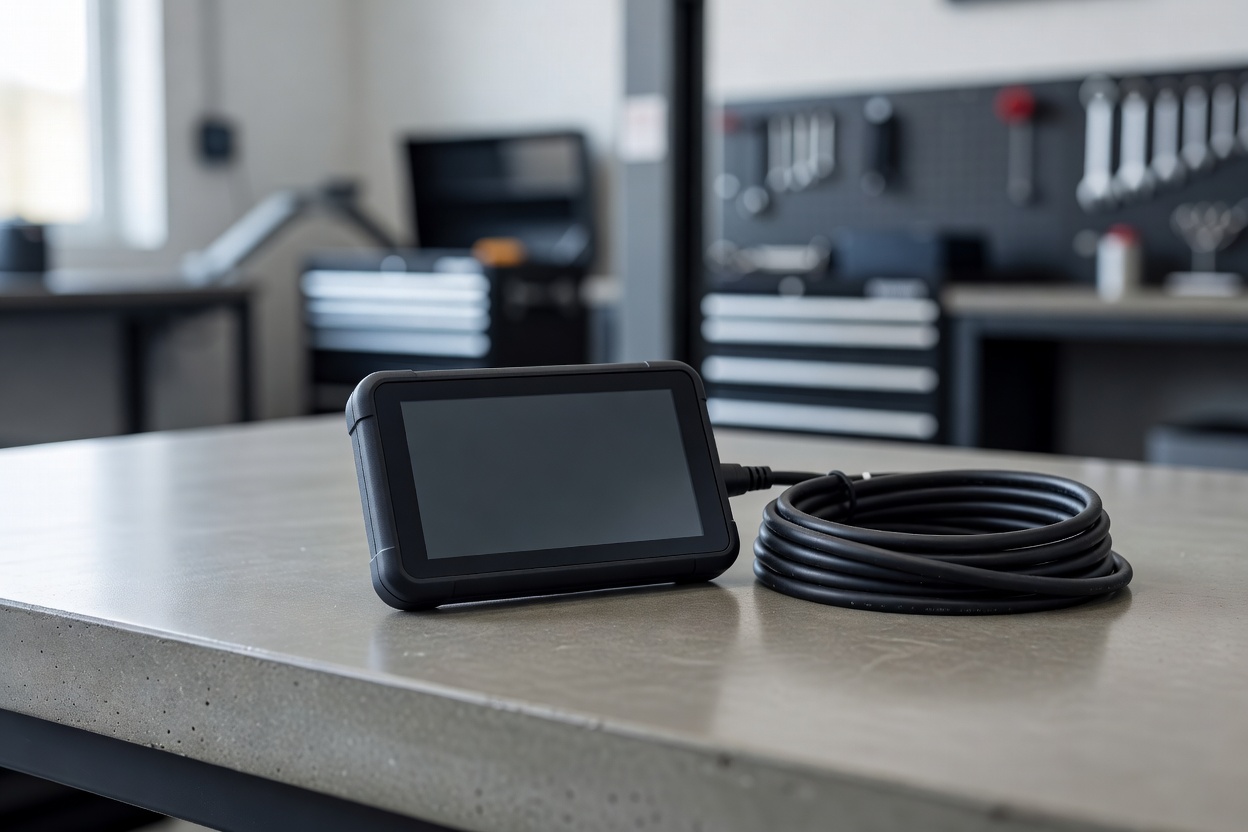 A diagnostic scan tool resting on a auto shop bench