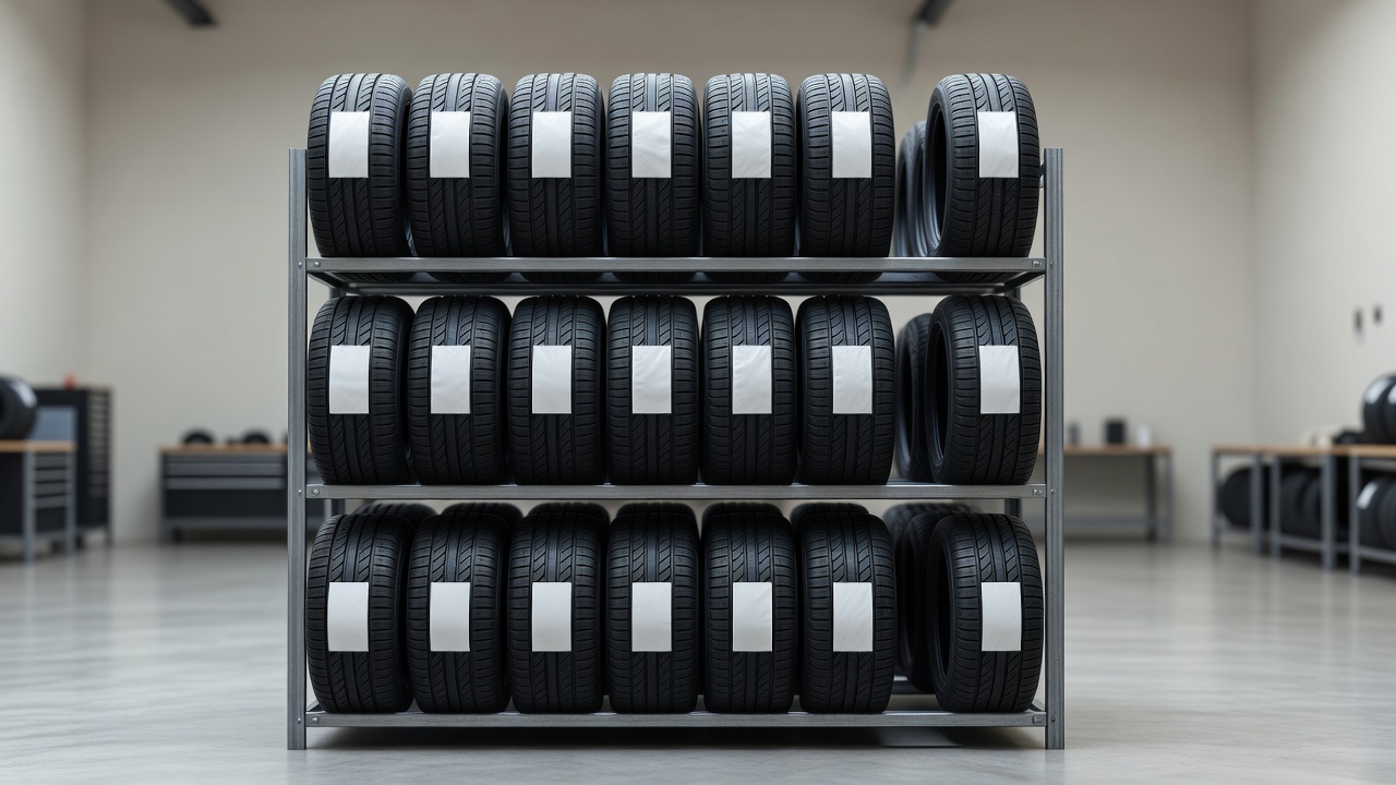 New tires racked in a auto shop with label stickers attached
