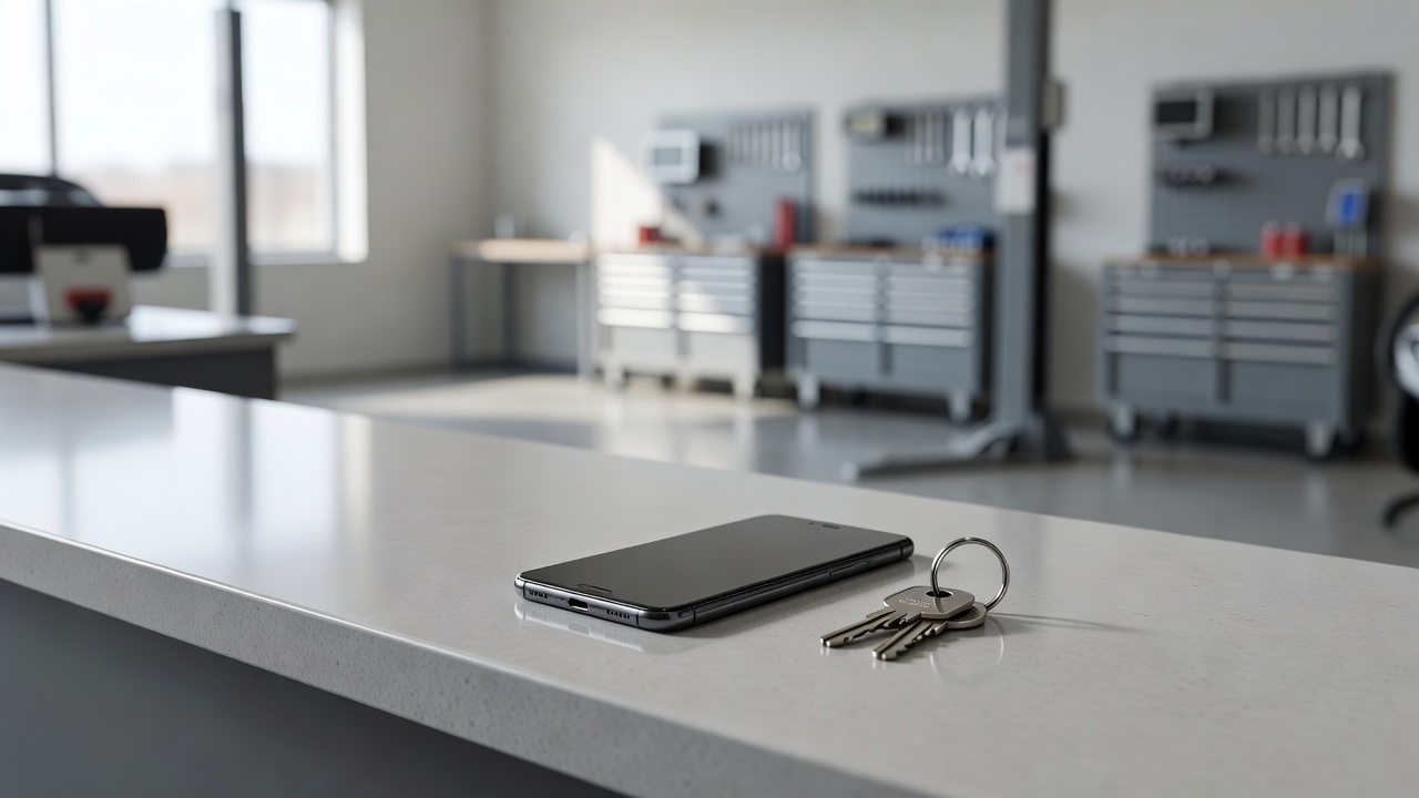 A phone resting on a auto shop counter