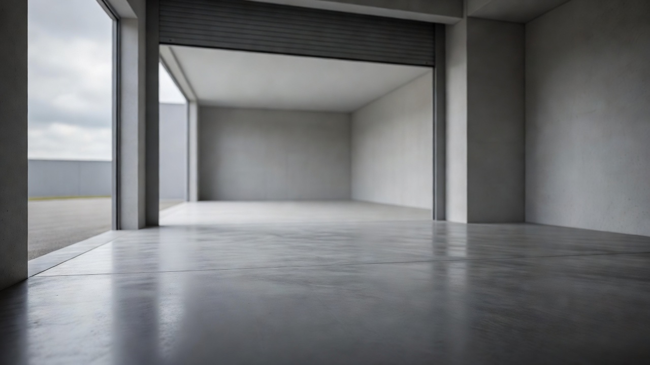 An empty auto shop bay with the shutter open to daylight