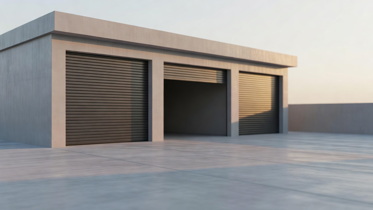 A auto shop building seen from outside at the end of the day