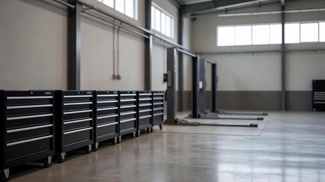 A tidy auto shop with tool chests and empty bays