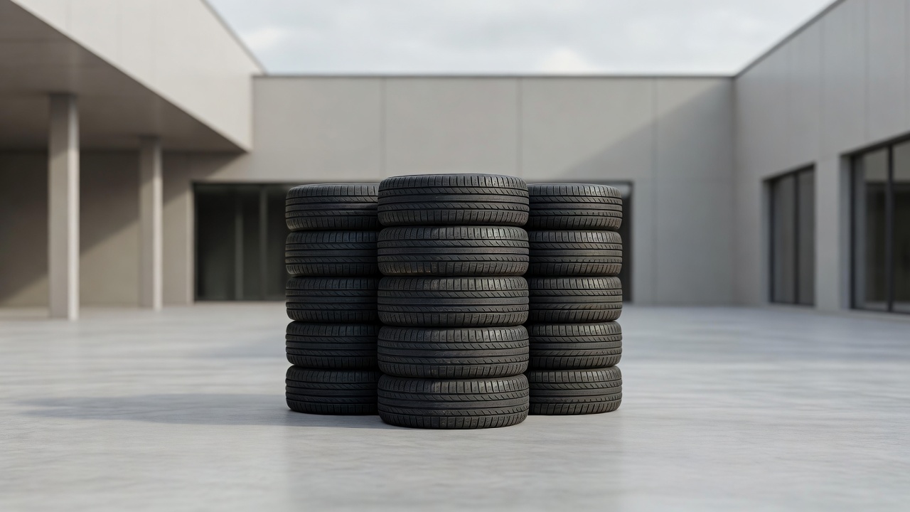 Used tires stacked in a auto shop yard