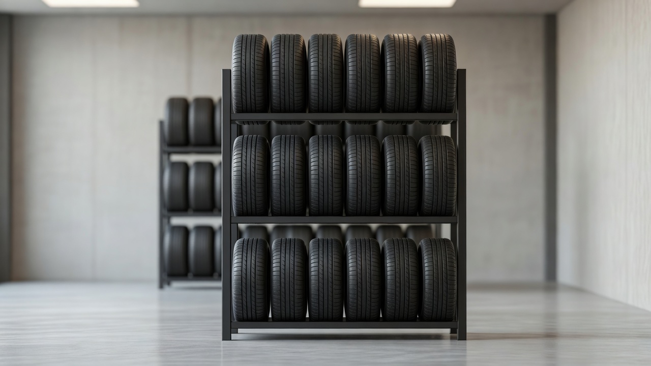 Racks of tires in a clean auto shop