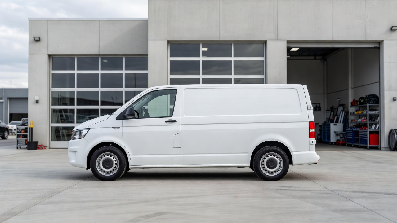 A panel van parked outside a auto shop