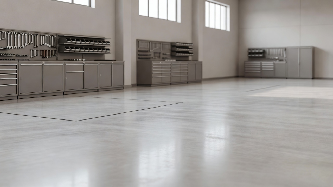 A wide view of an empty auto shop floor with two bays